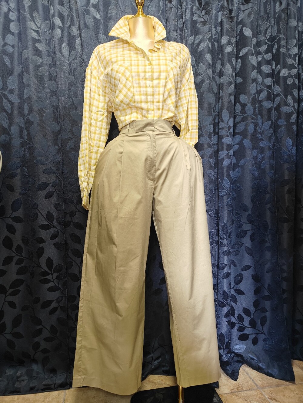 Yellow Plaid Shirt and Tan Wide-Leg Pants